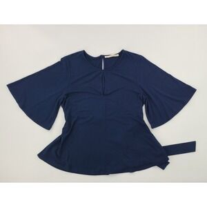 Peruvian Connection Navy Blue Bell Sleeve Top Size Small Boho Tie Waist